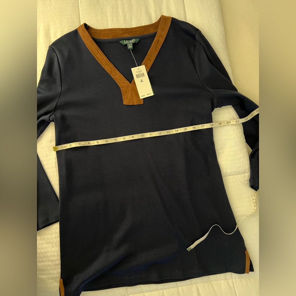 Lauren by Ralph Lauren tunic type shirt. Blue with faux suede trim.   Size XL - Picture 4 of 12
